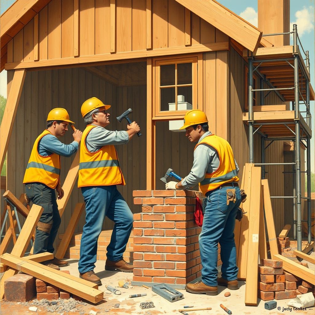 Construction Workers Building a House in Regionalist Style