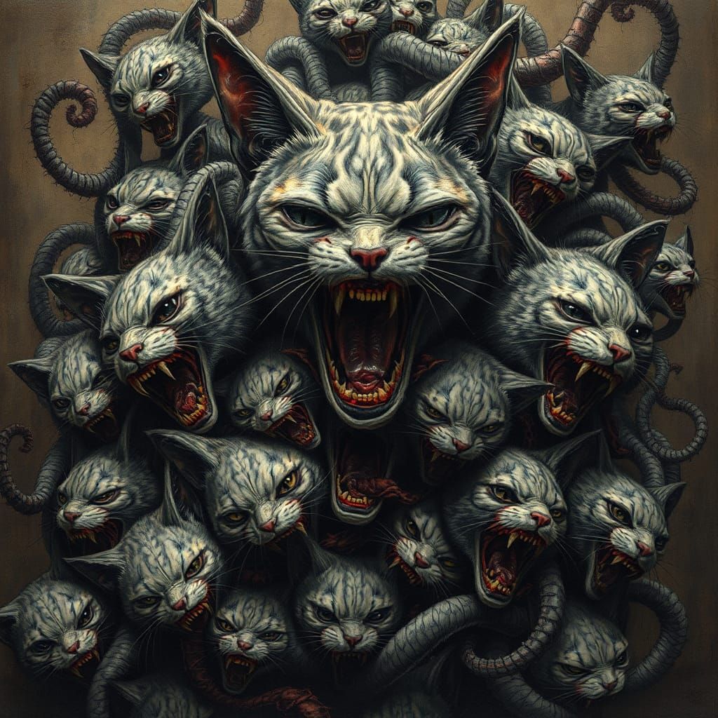 Surreal Cat Head Nightmare: Grotesque Fantasy Art