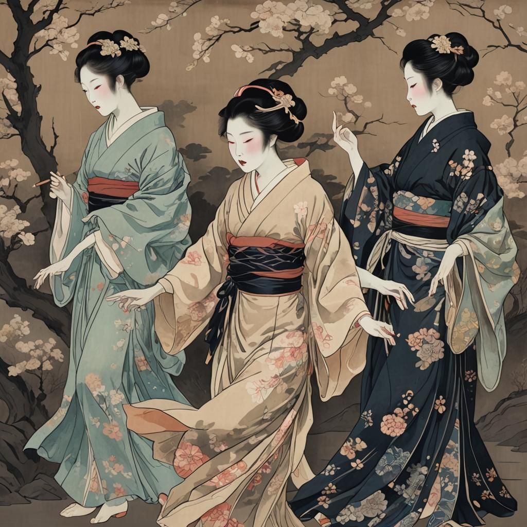 Ghostly Geishas Dance in Shadows, Ukiyo-e Style