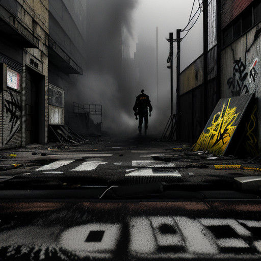 Mysterious Figure in Dystopian Alleyway, Graffiti Art in Out...