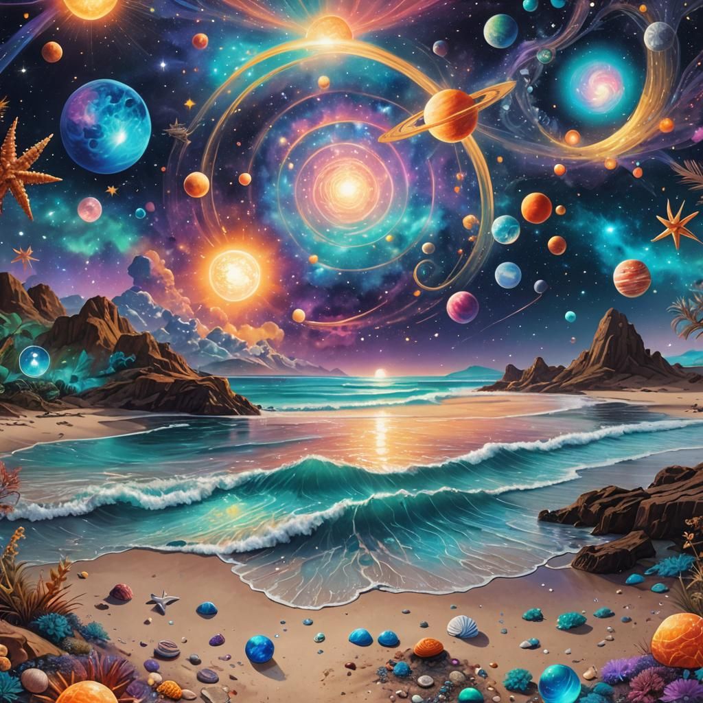 Cosmic Beach Scene in Pablo Amaringo Style