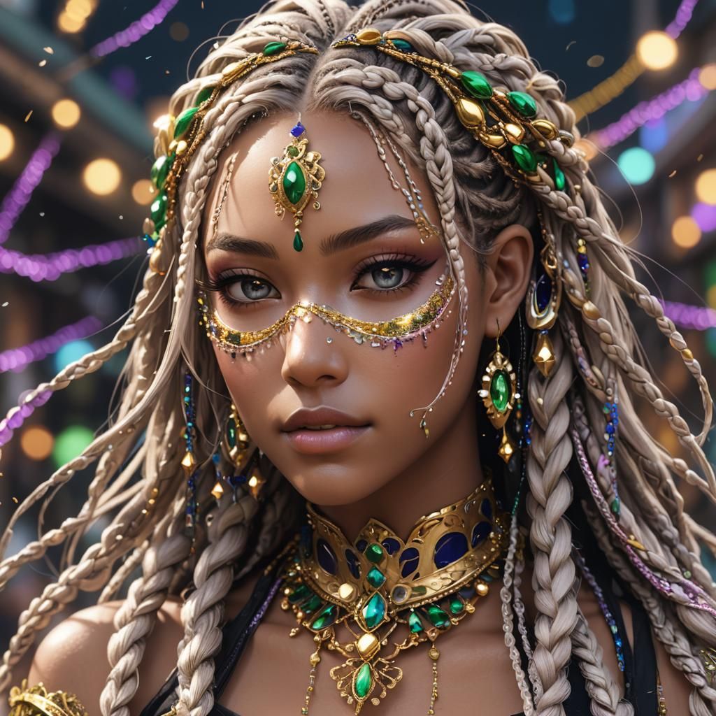 Anime Girl with Braids and Jeweled Mask in 3D