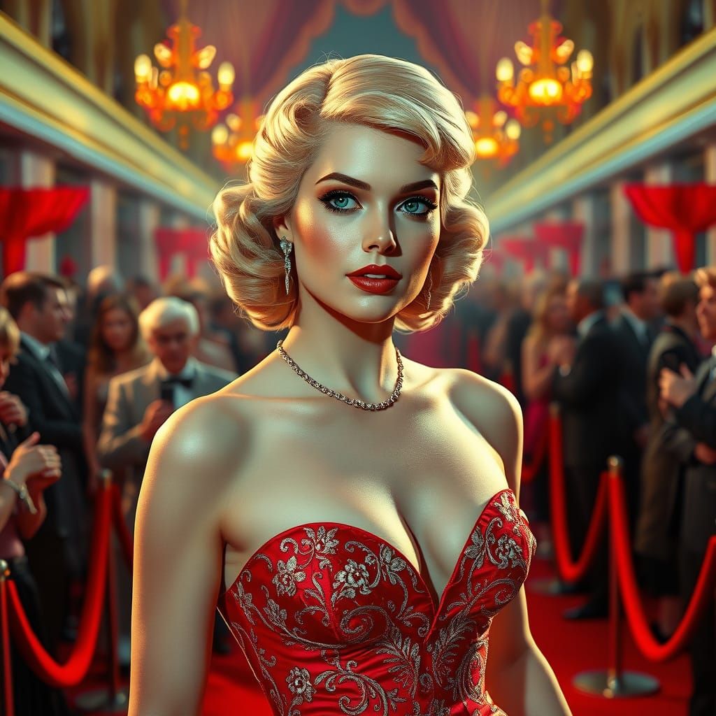 1950s Actress on Red Carpet in Art Nouveau Style