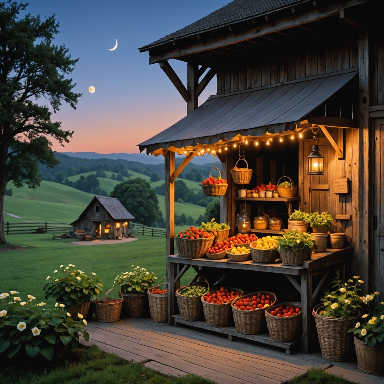 A rustic wooden farmstand at twilight, set against a backdro...