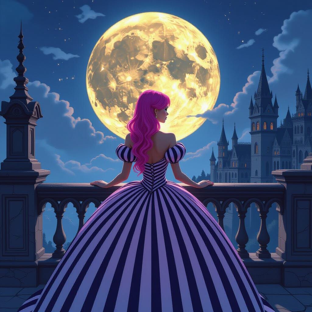 Gothic Castle Scene: Woman in Ball Gown Under Full Moon