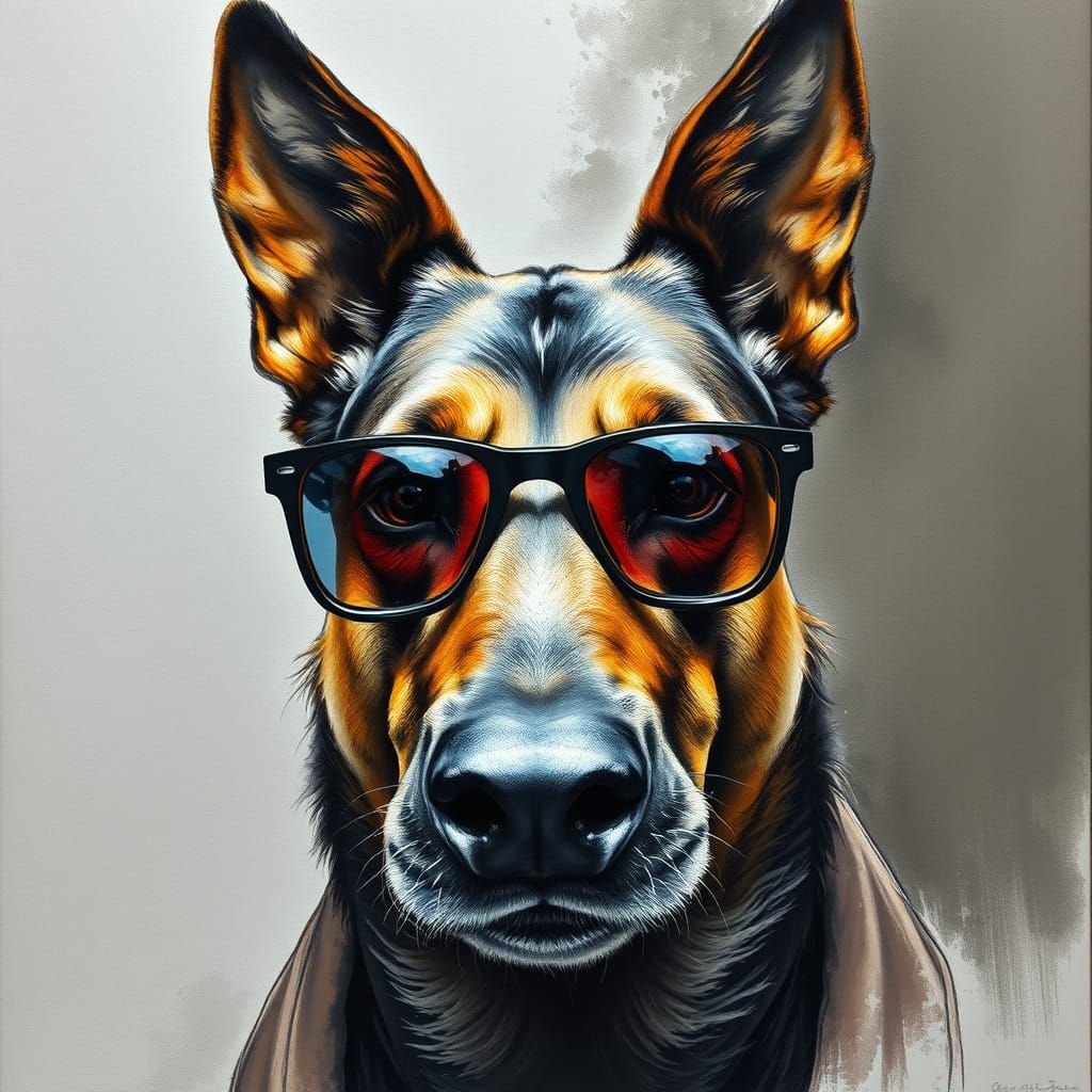 German Shepherd Reading Newspaper: Gouache Style Charcoal Dr...