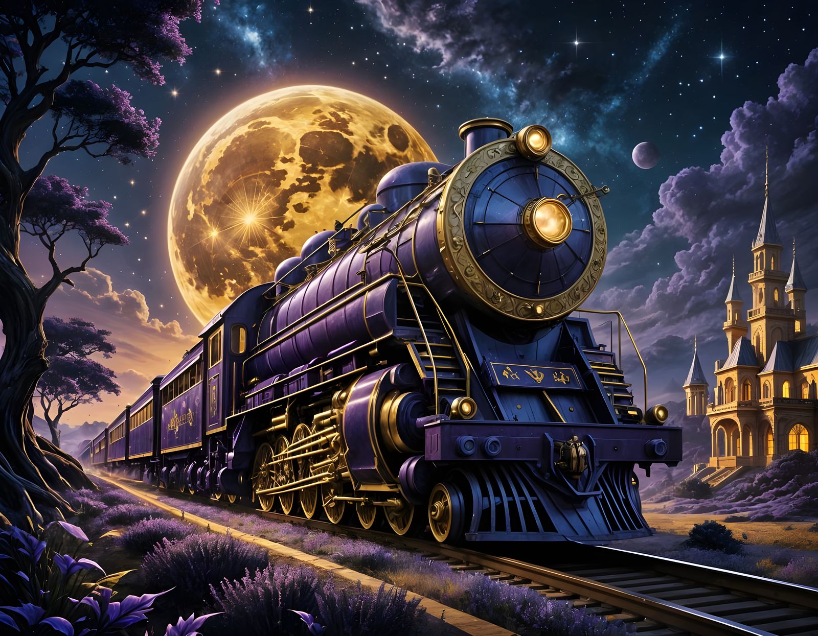 Gorgeous Purple and Gold Fantasy Space Train Under Celestial...