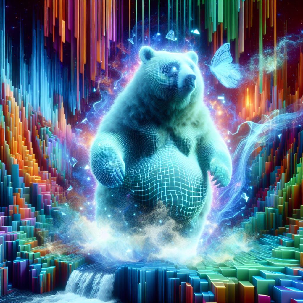 Holographic Ghost Bear Steps from Glowing Waterfall into Pix...