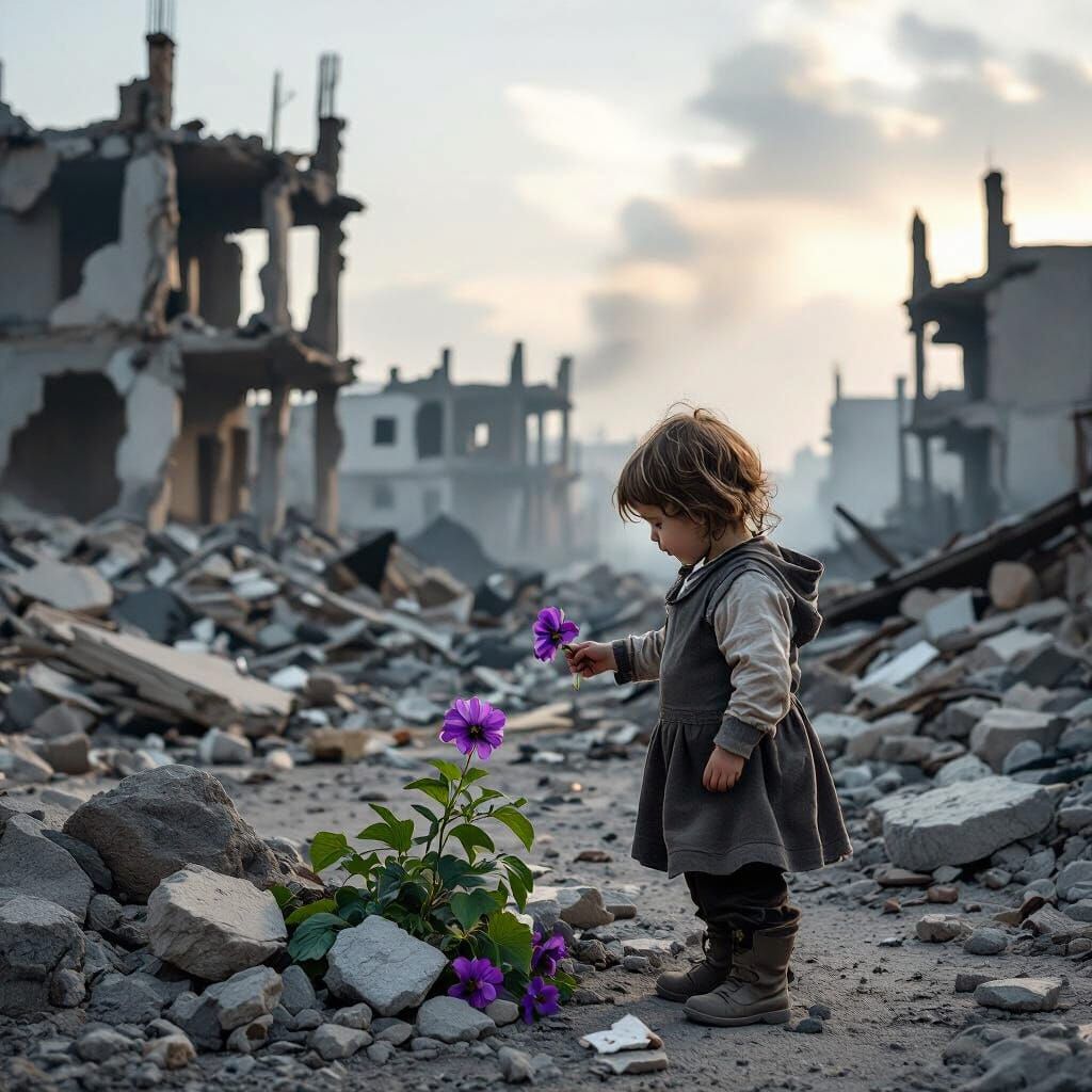 Child and Flower in War-Torn City: Street Art Style