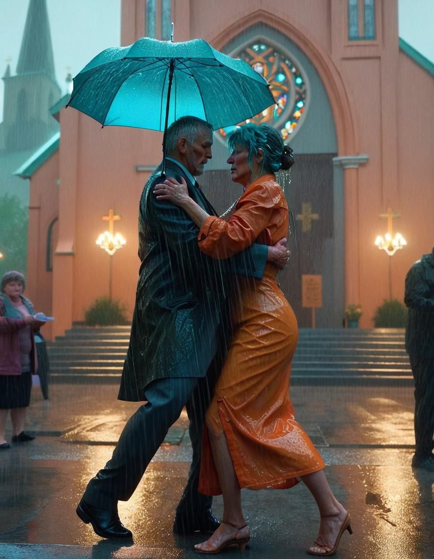 Romantic Elderly Couple Dancing in Rainy Downpour