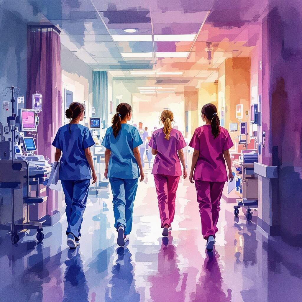 Nurses in Modern Hospital Discussing in Watercolor