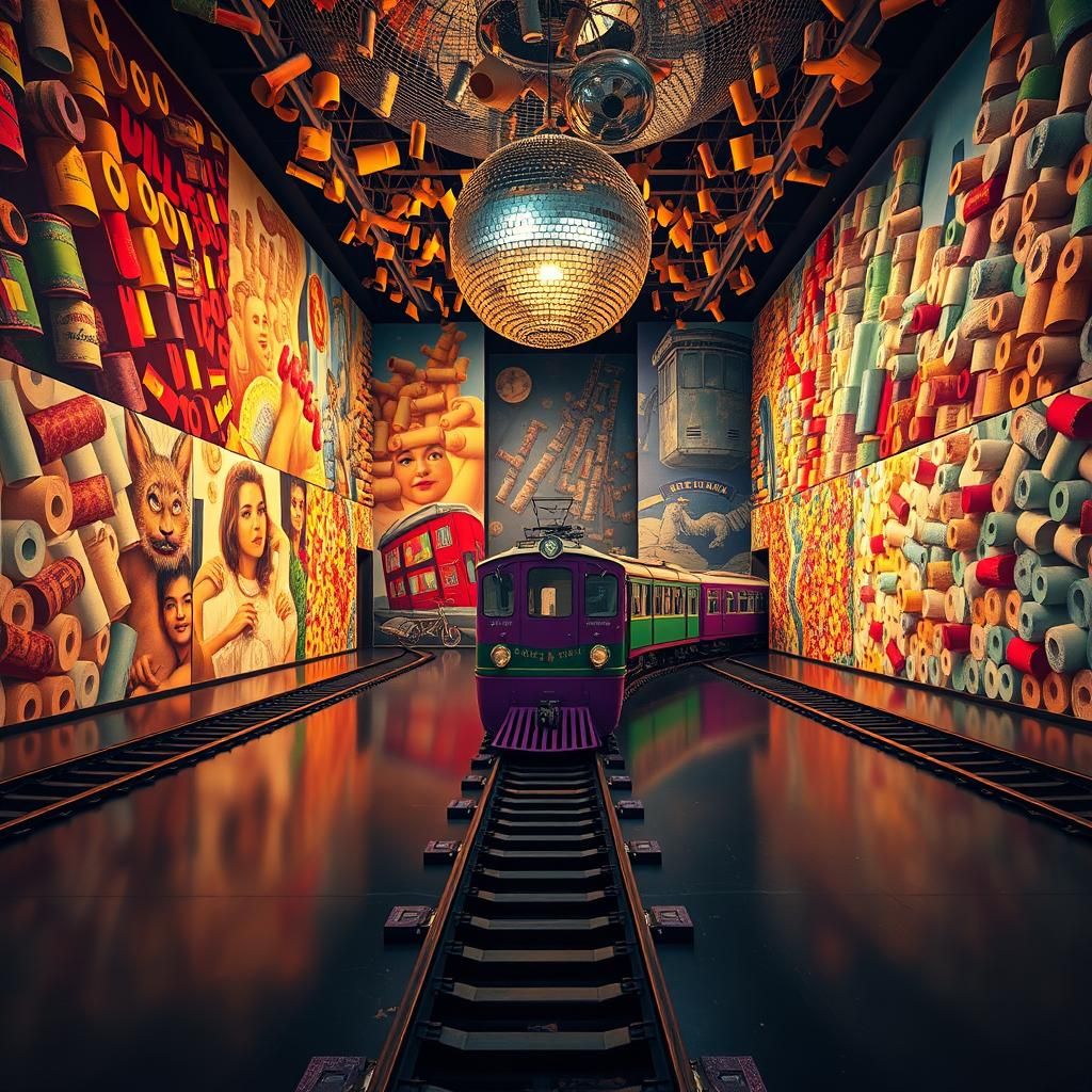 Hyperrealistic Train in Monumental Room with Disco Ball