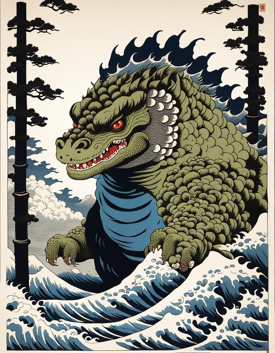 Kawaii Godzilla in Ukiyo-E Style Woodcut