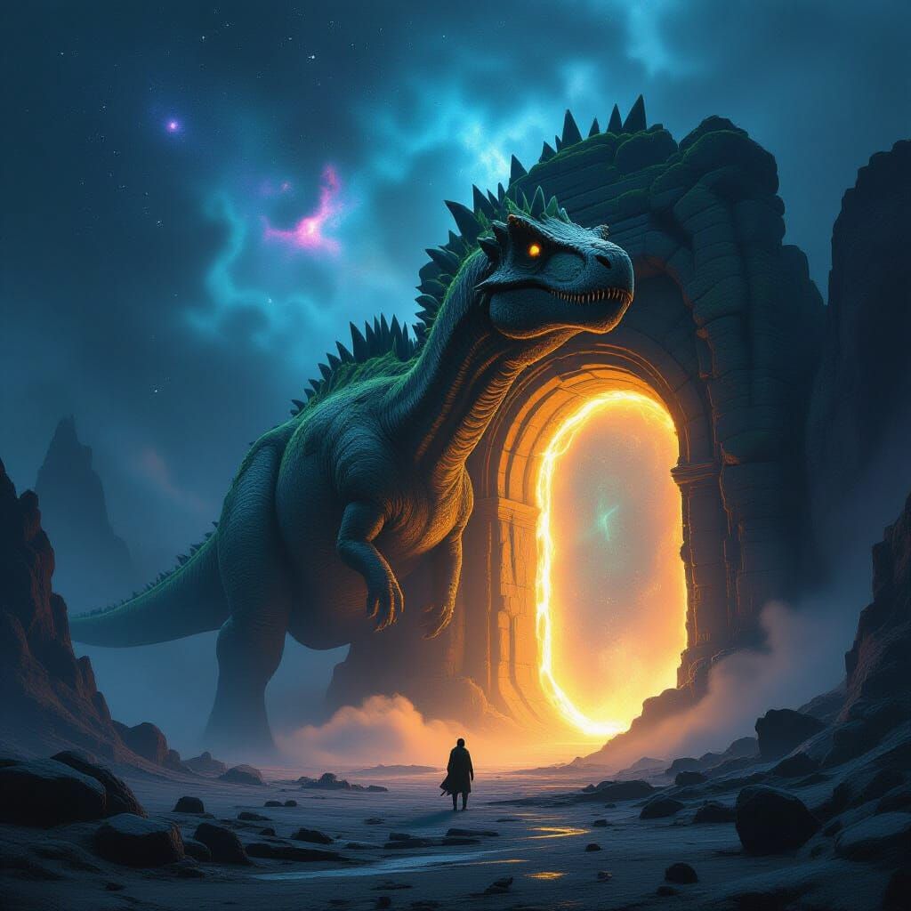 Ancient Dinosaur Guards Cosmic Portal in Alien Landscape