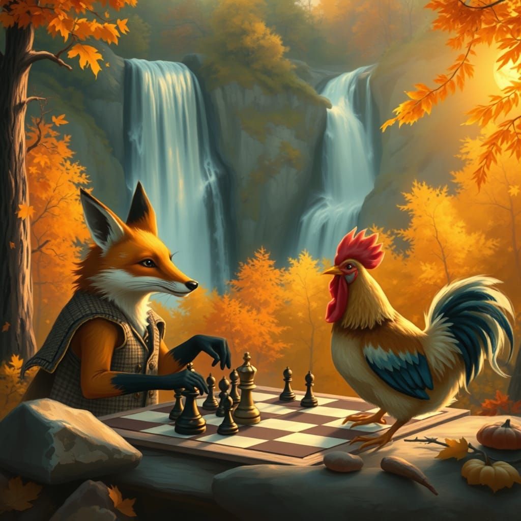 Fox and Chicken Play Chess in Autumn Forest at Sunset