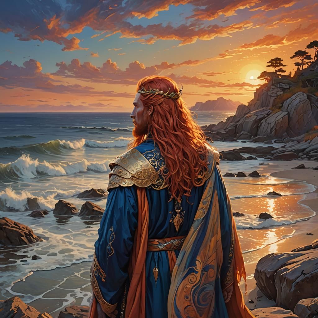 Red-Haired King Contemplates the Sea, Fantasy Art