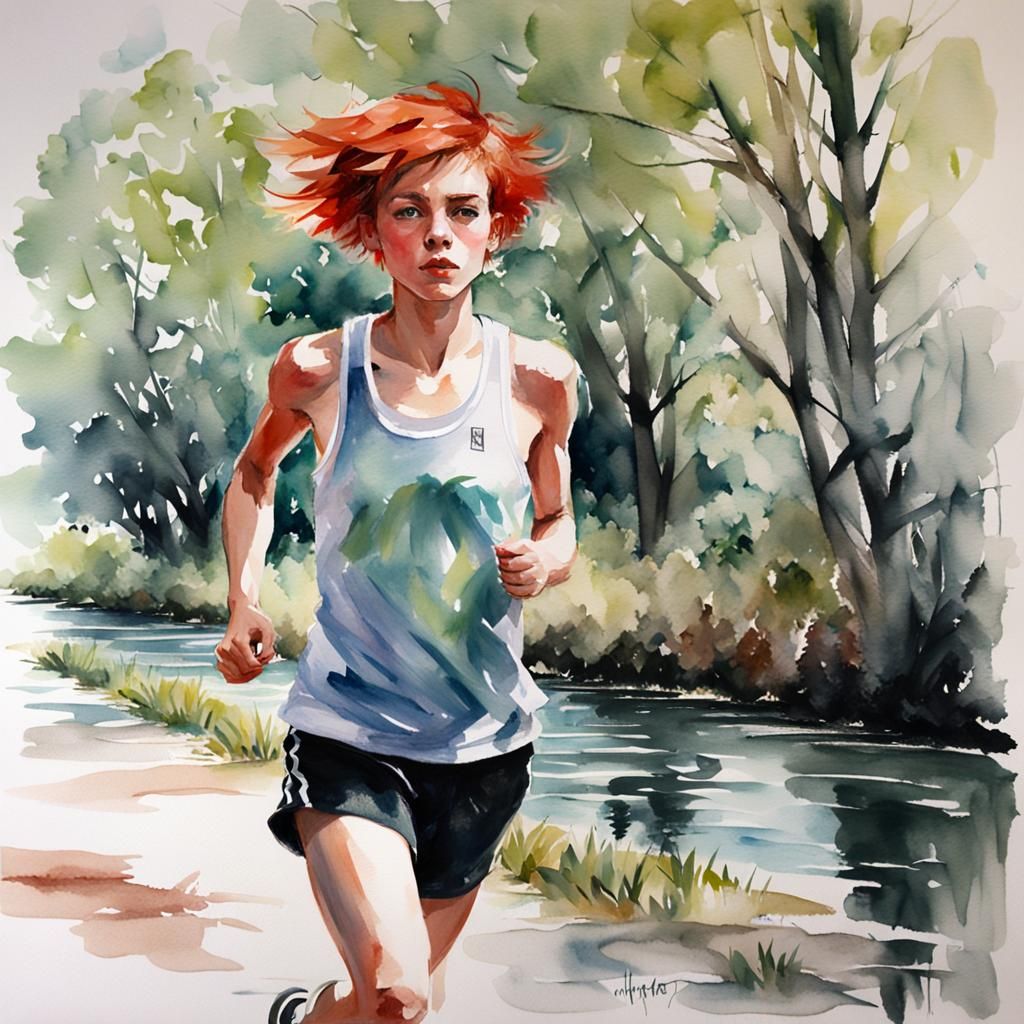 Watercolor of Trans Girl Running Along Canal