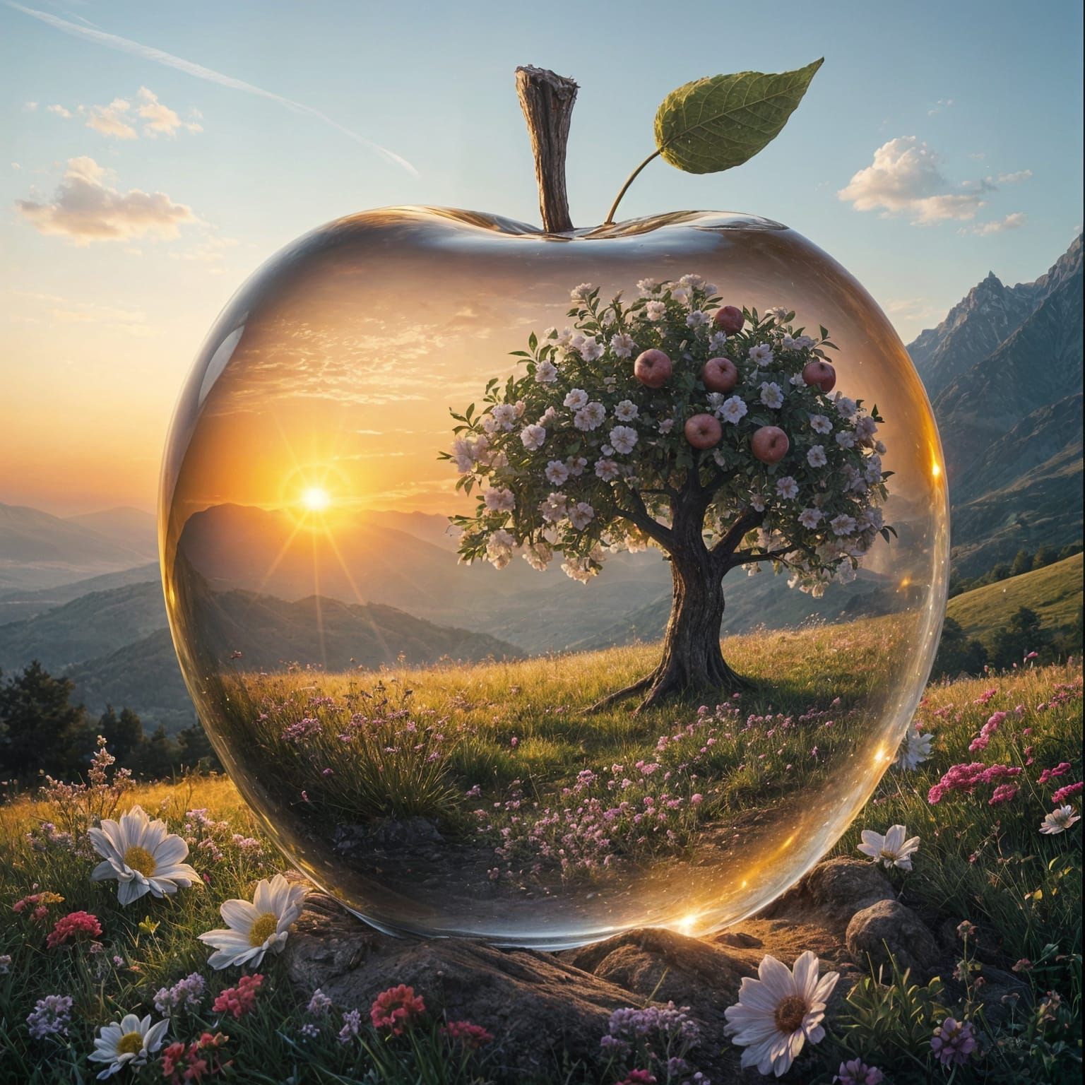 Enchanted Apple Crystal Sphere in Blossoming Meadow