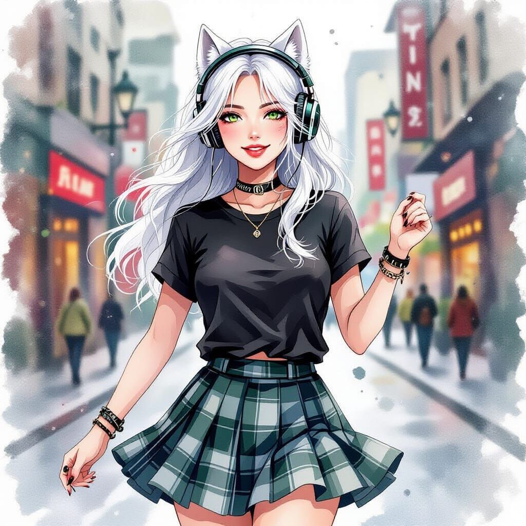 Woman with Wolf Ears Dancing in City, Watercolor Style