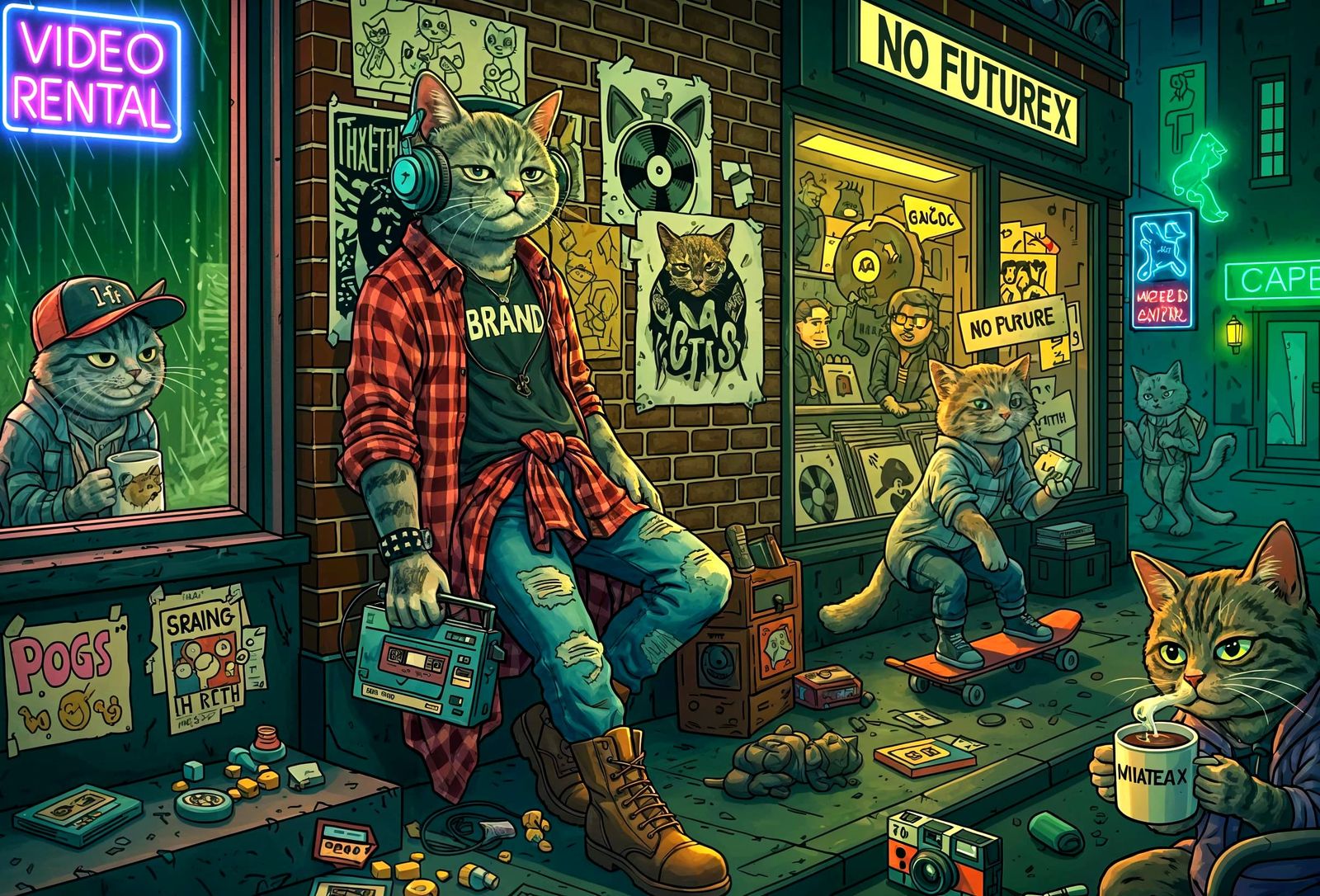 Gen X Cats in 90s Grunge Aesthetic
