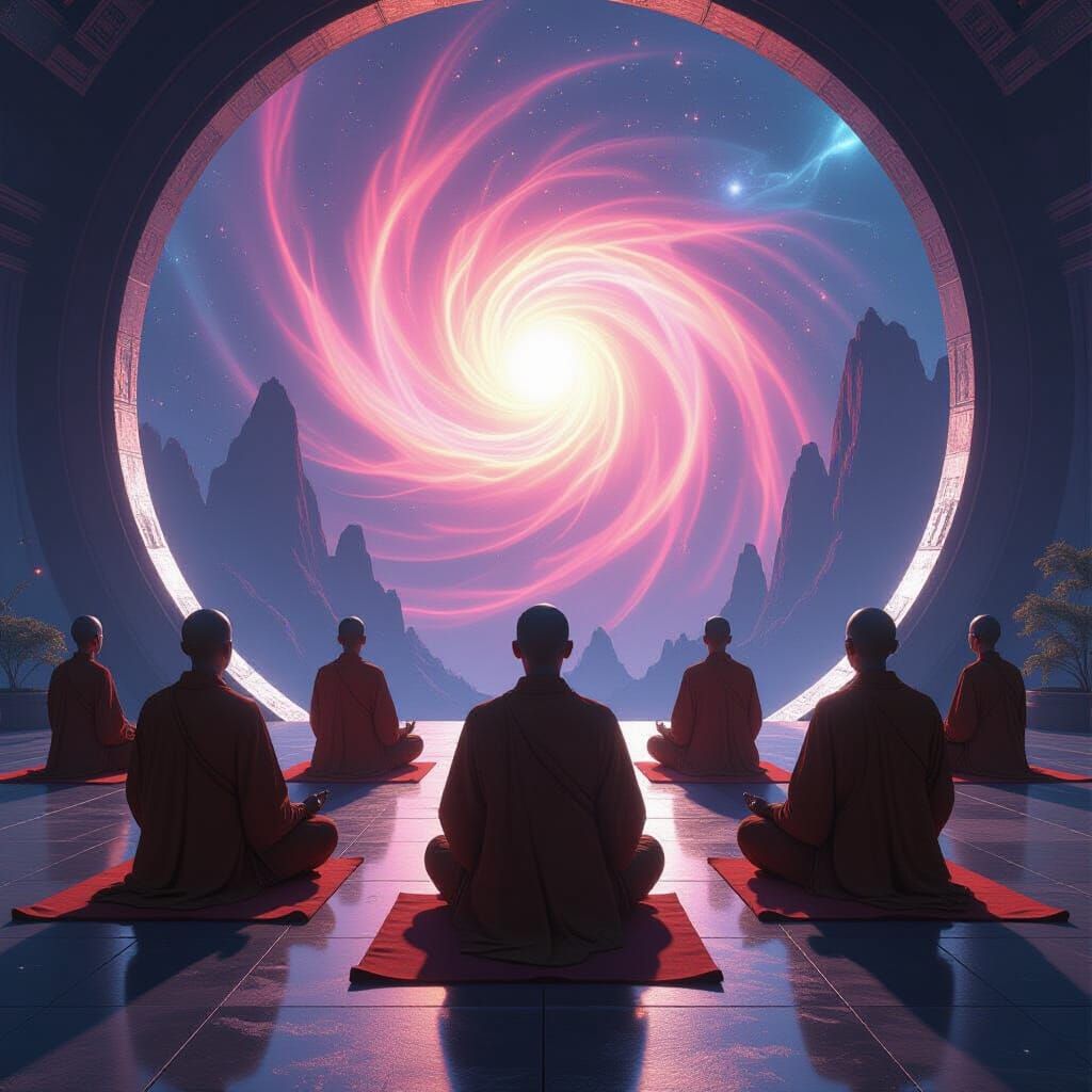 Monks Meditating in Space Monastery with Pulsar