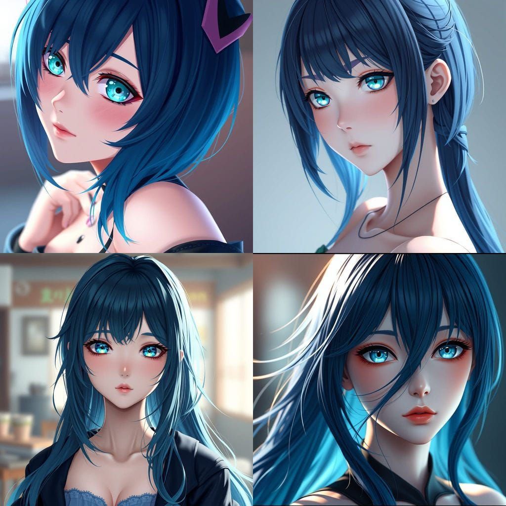 Anime Goddess with Teal Eyes in Dark Blue Hair