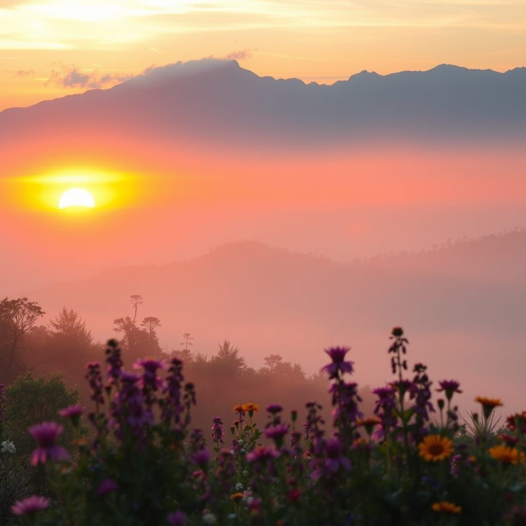 Fantastical Morning Mist Landscape at Sunrise