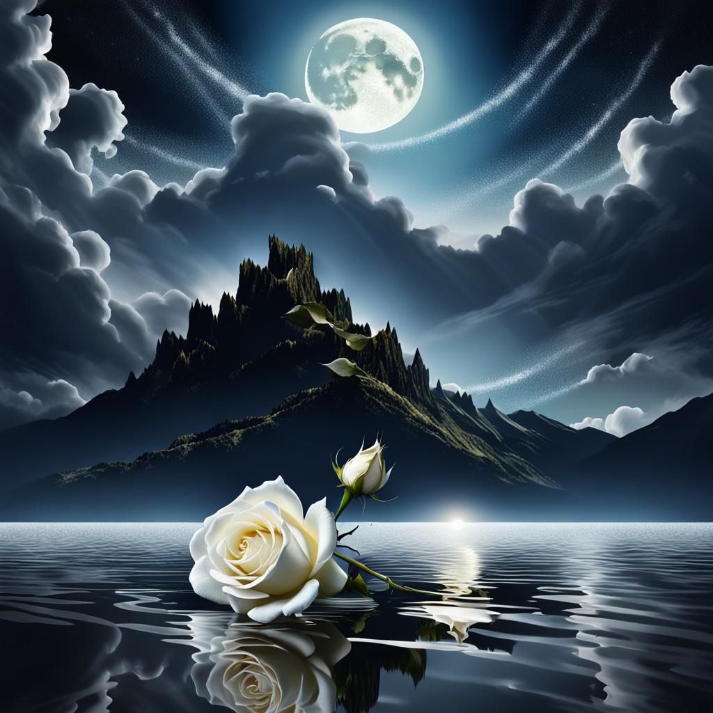 Digital art, a close up white rose, beautiful stunning detailed shining moon, a sea, water reflection, moon light reflec...