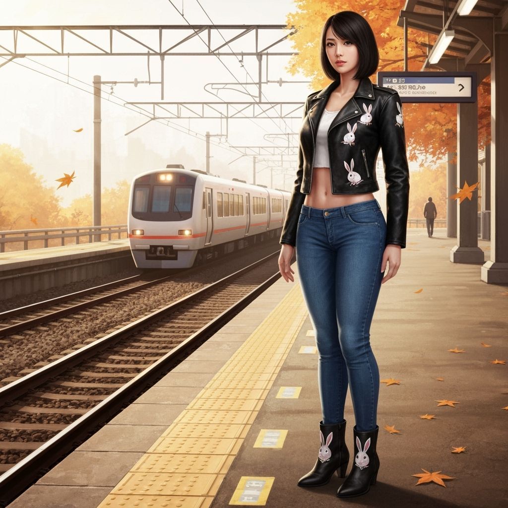 Asian Woman on Train Platform Amidst Autumn Leaves