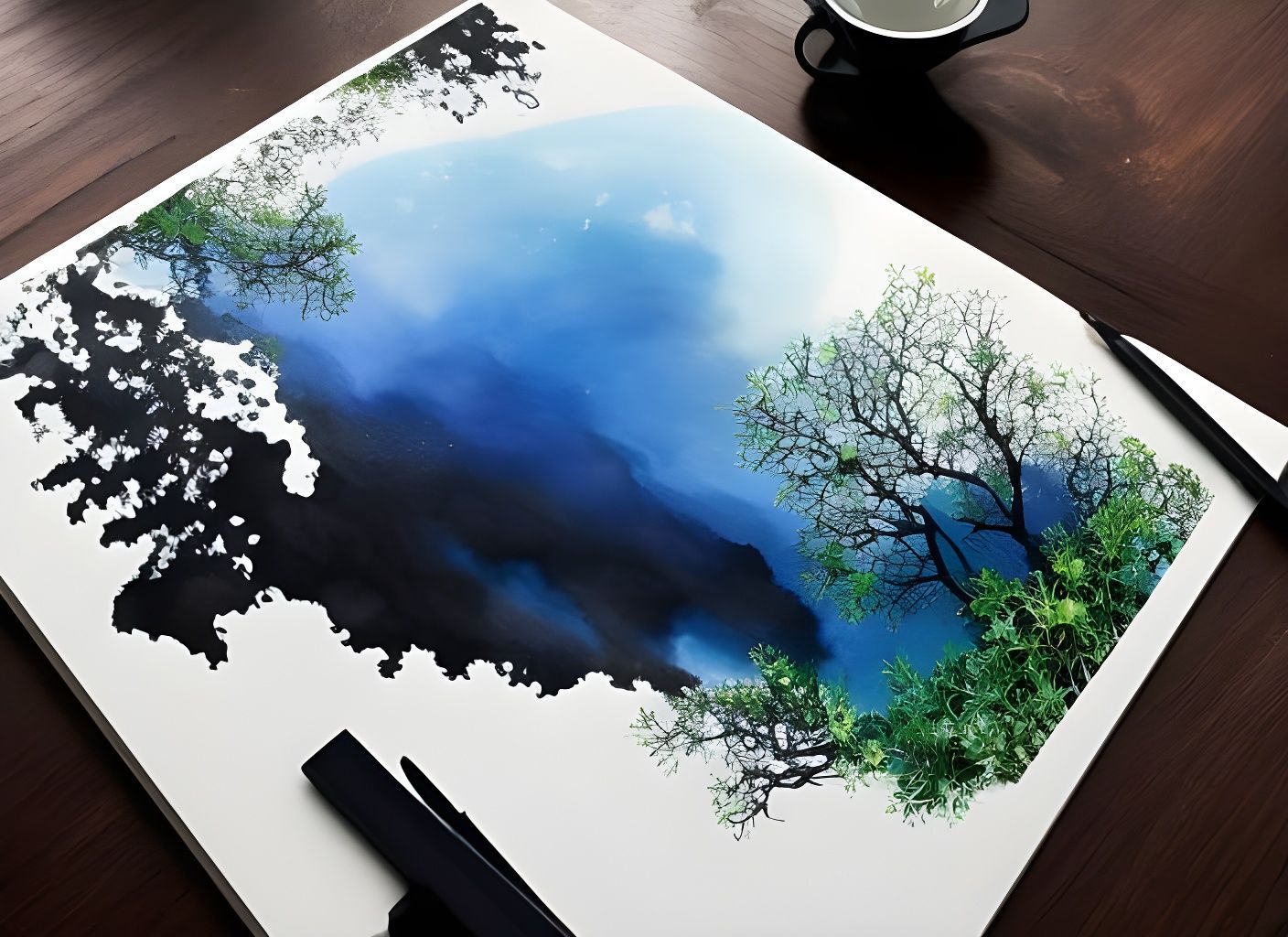 Ocean Forest Landscape: Ink and Watercolor Illustration