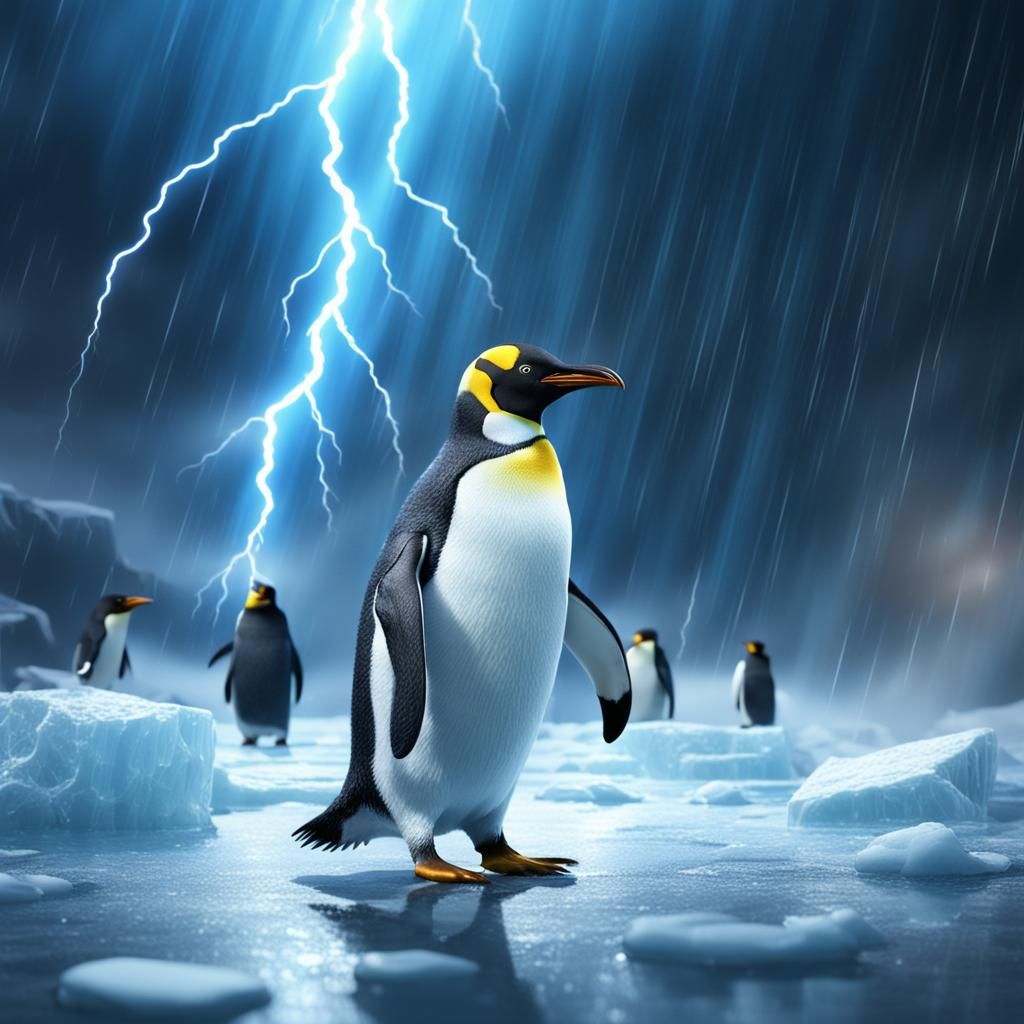 Penguin on Ice with Lightning, Fantasy Concept Art