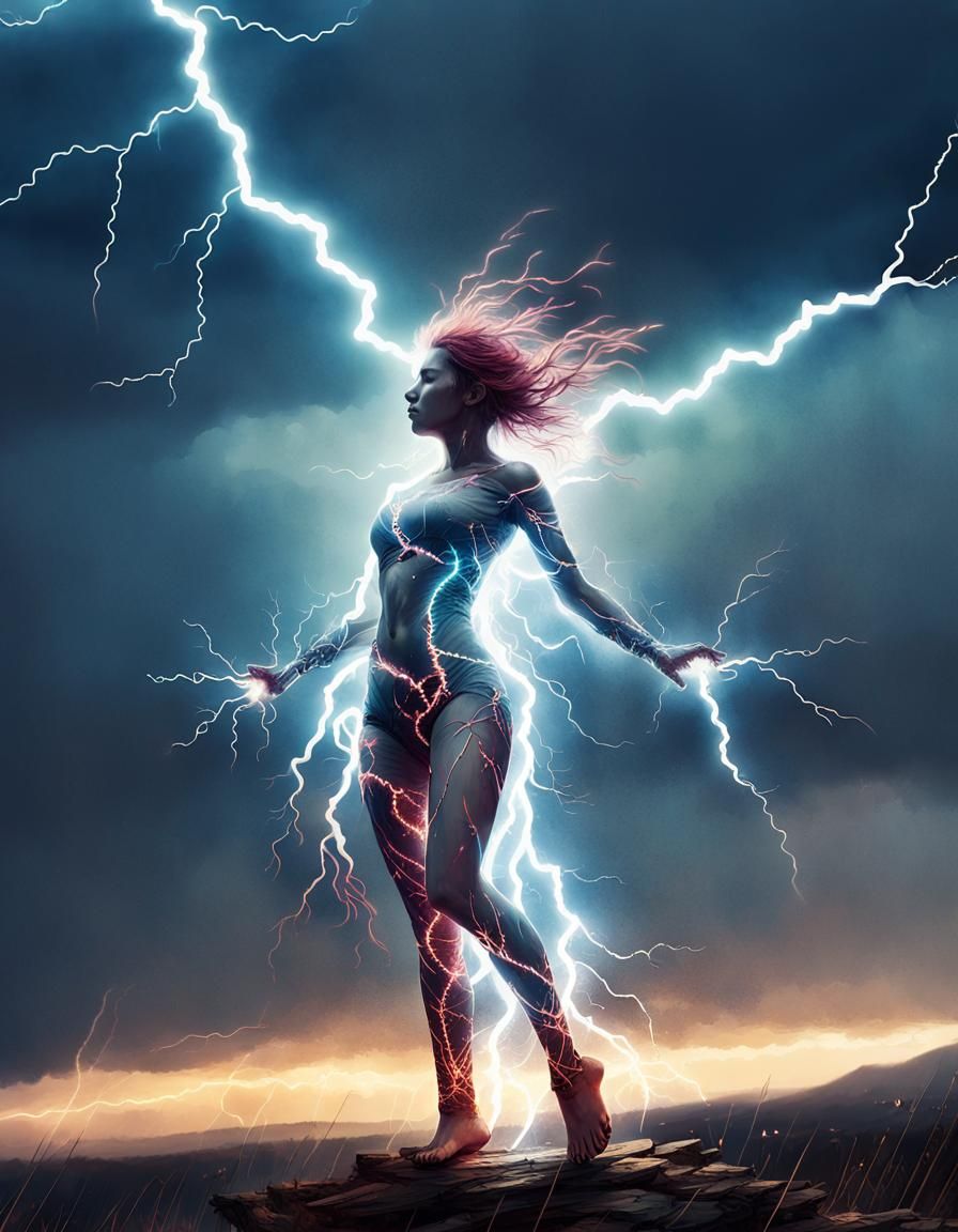 Electric Silhouette: Lightning Energy Woman in Electropunk S...