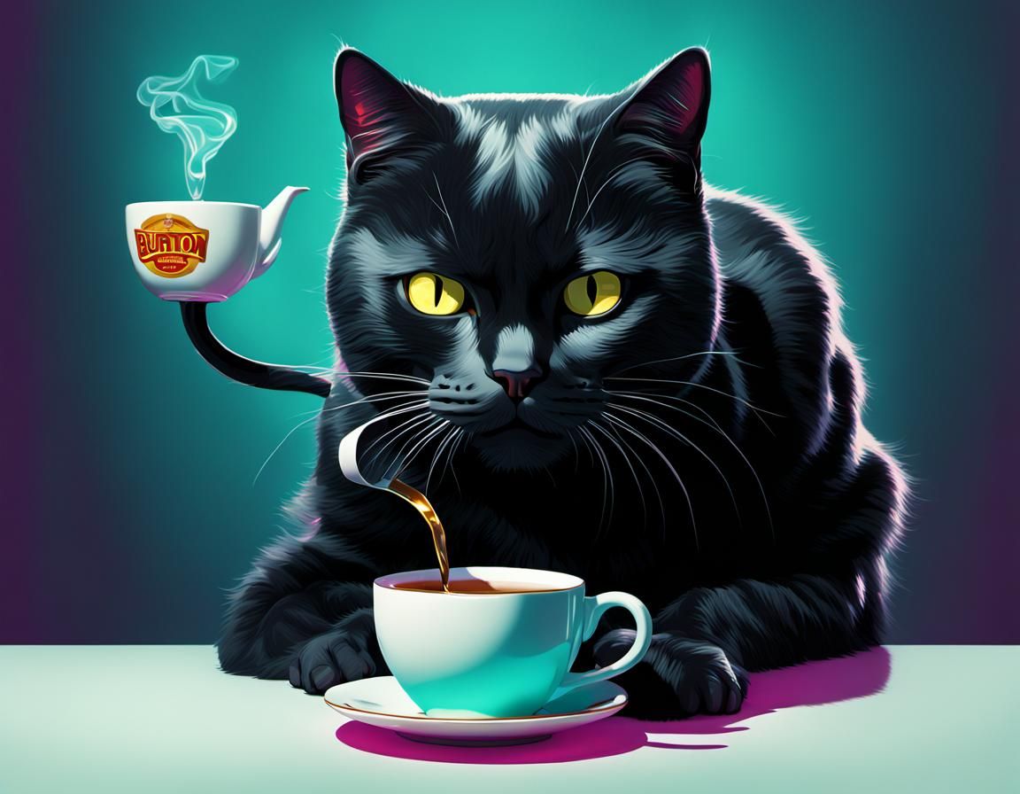 Black Cat Sipping Tea in Pop Art Style