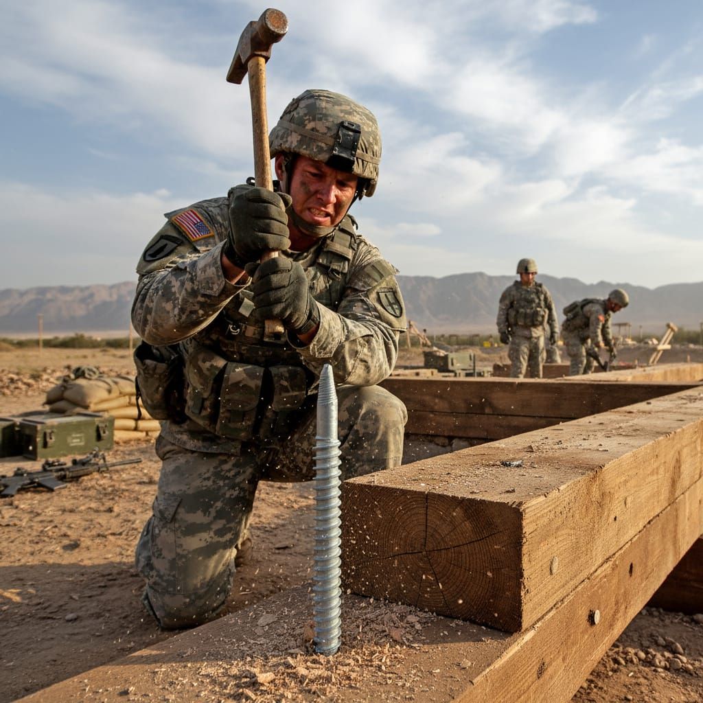 Soldier Hammers Wood Screw in Realistic Style
