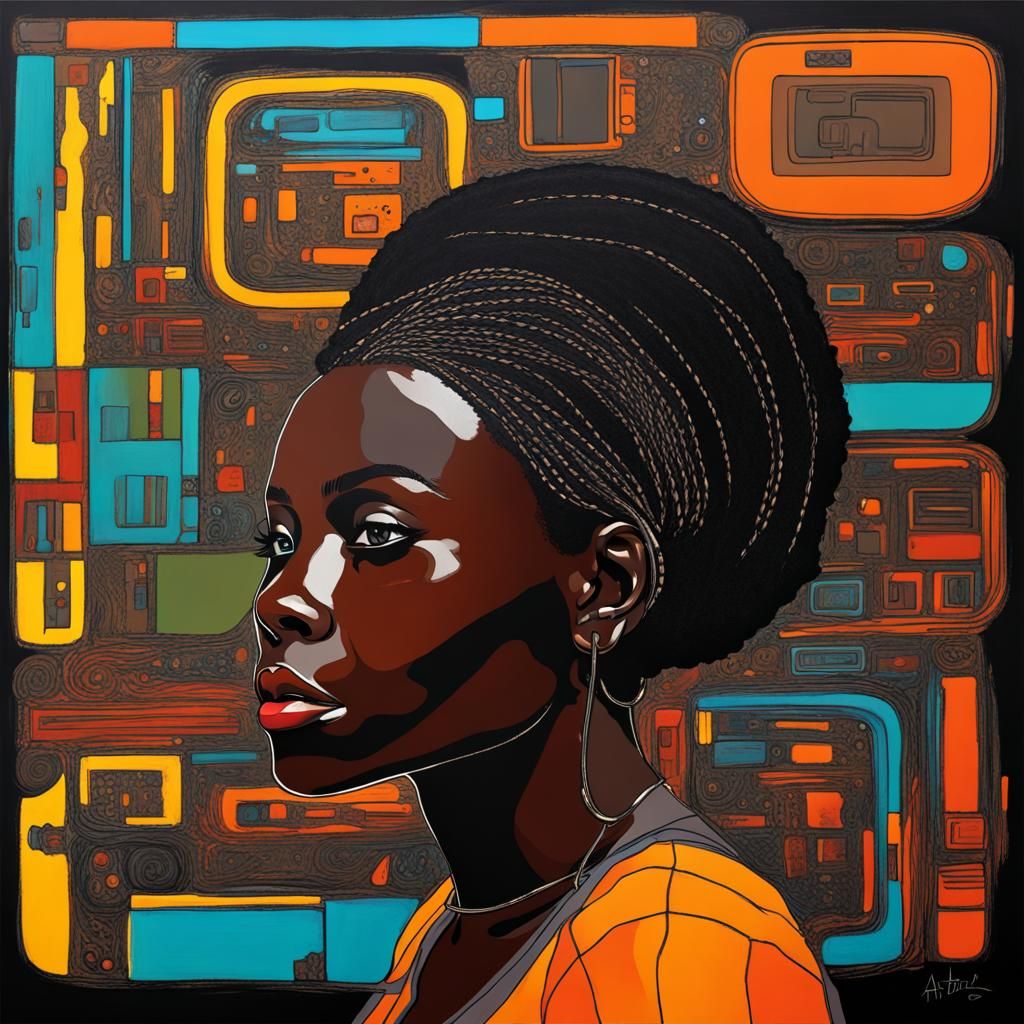 Abstract Portrait: Black Woman, Trains, and Computers