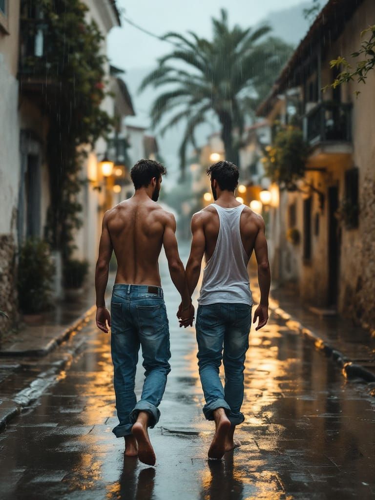Couple Enjoys Rainy Greek Village Walk