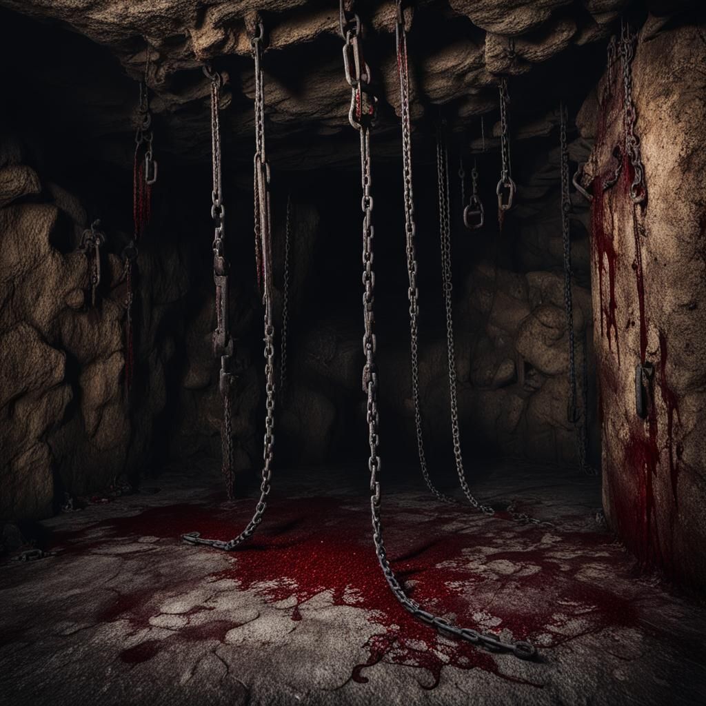 Gloomy Cave with Shackles, Chains, and Blood