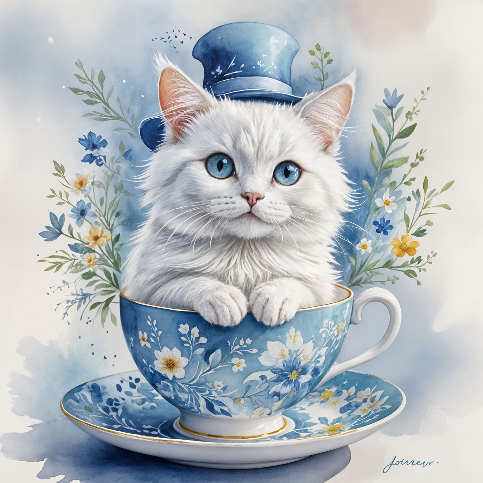 Delicate Watercolor Cat in Joyful Atmosphere