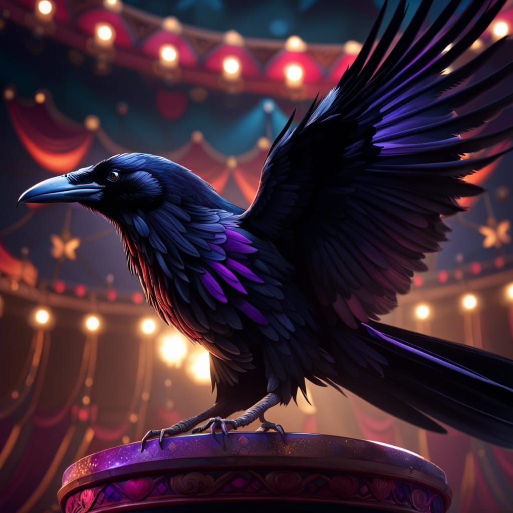 Magical Raven Performing in Circus: Detailed Ink Art