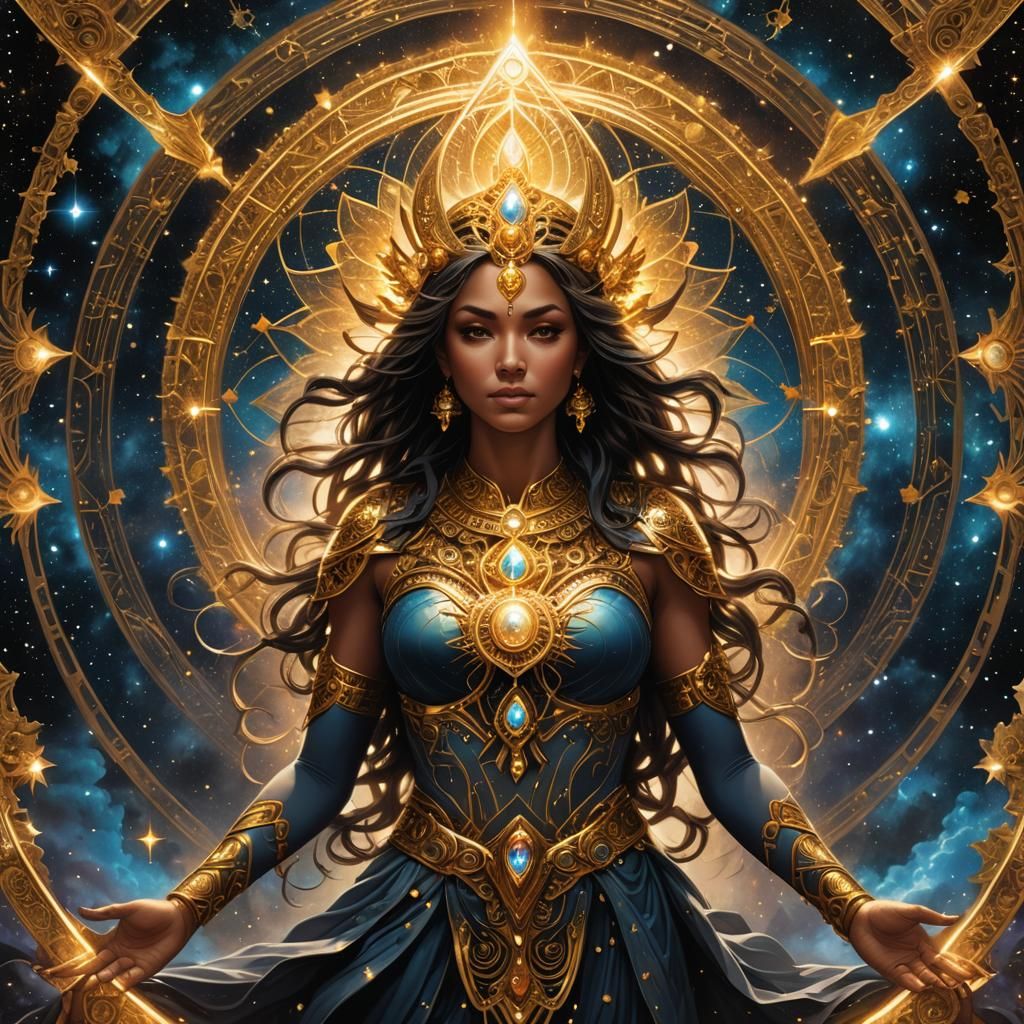 Golden Jewel-Adorned Angelic Being in Cosmic Mandala