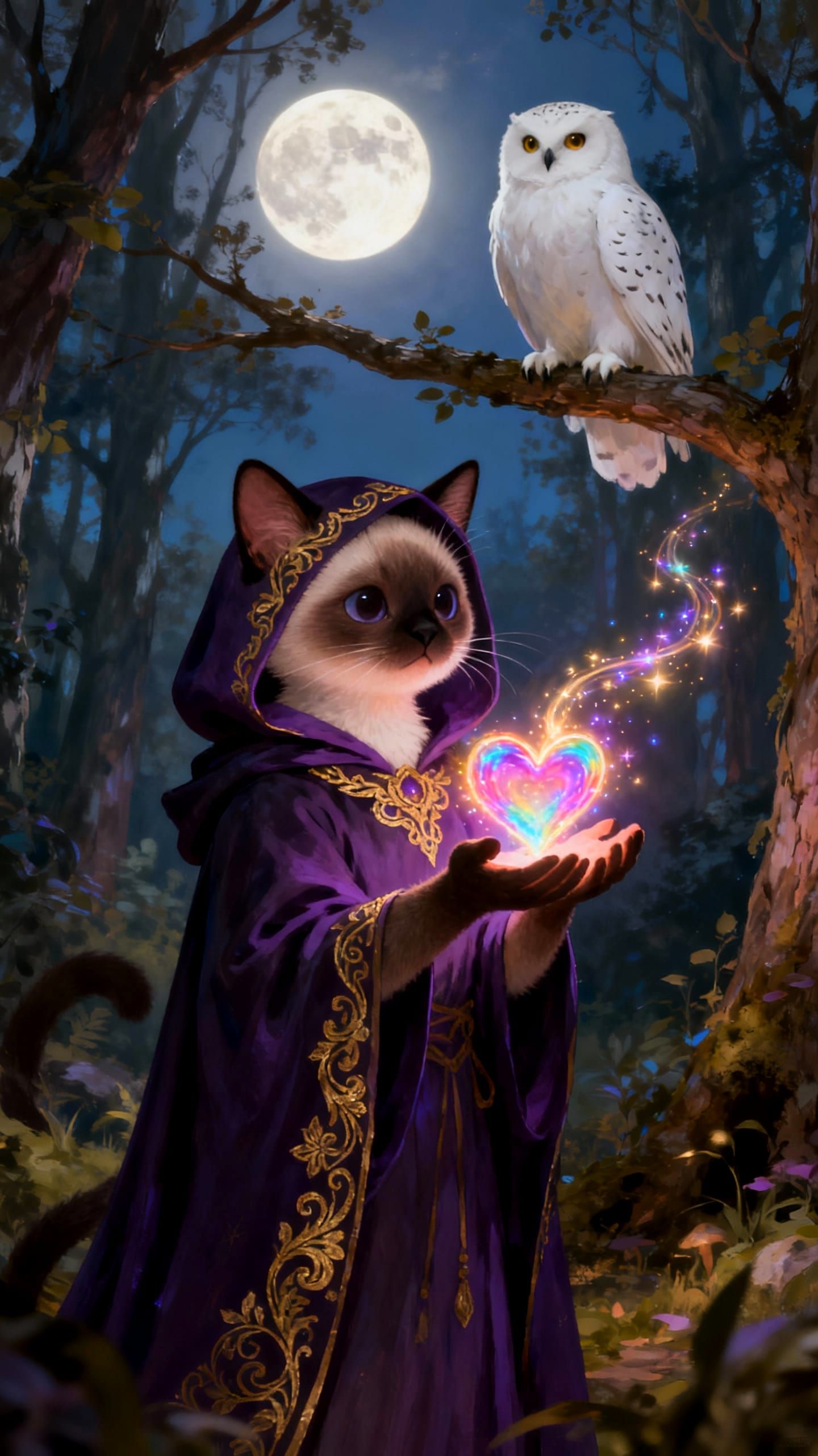 Cute Cat Sorceress with Glowing Heart in Enchanted Forest
