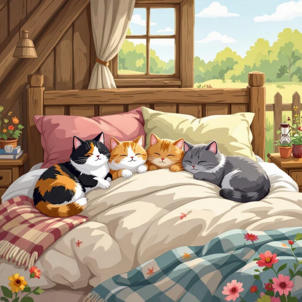 Cartoon Cats Napping in Cozy Rural House