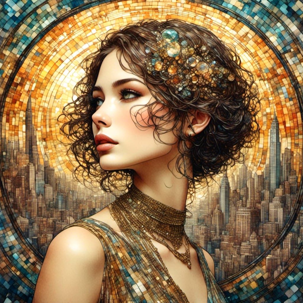 1920s Woman in Glass Sphere, Mosaic Art