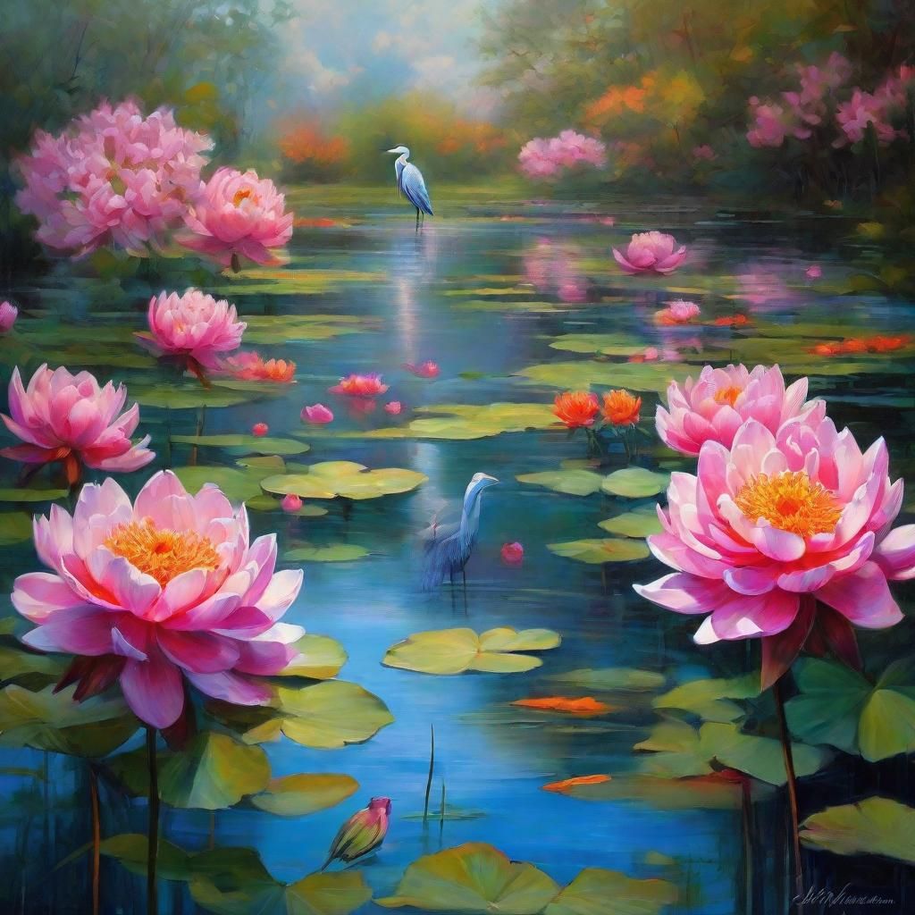 Surreal Pond with Heron in Vibrant Digital Art