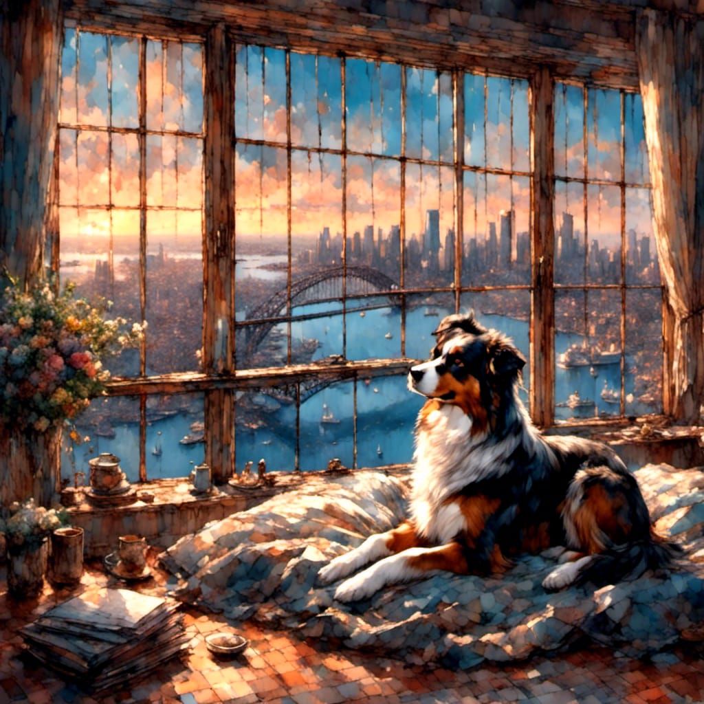 Australian Shepherd Overlooking Sydney Harbour Bridge