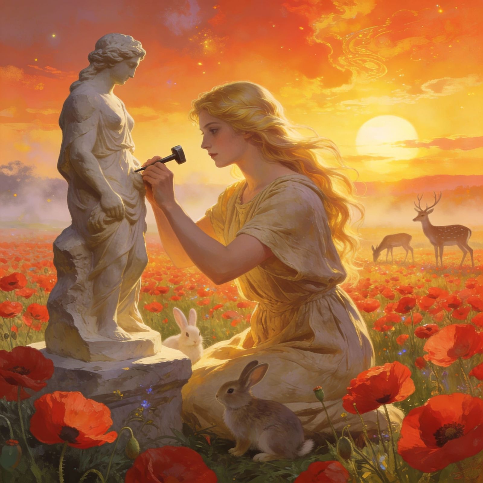 Artist Sculpting in Poppy Field at Sunset