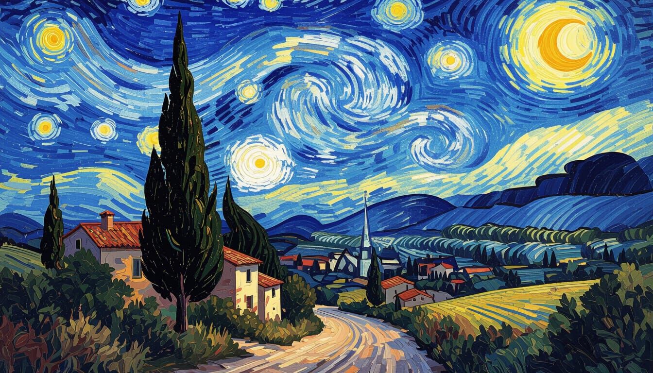 European Village Under Swirling Stars, Van Gogh Style