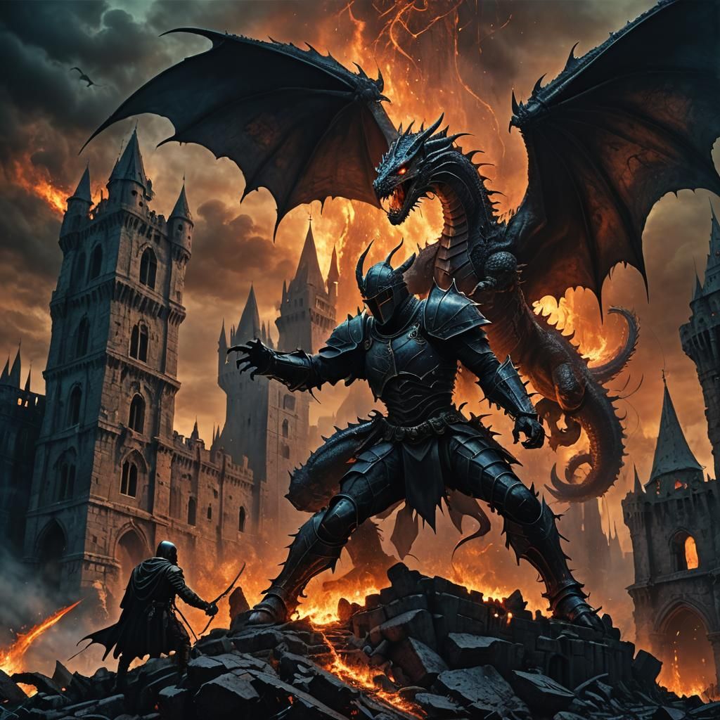 Dark Fantasy Knight Battles Dragon in Ruined Castle