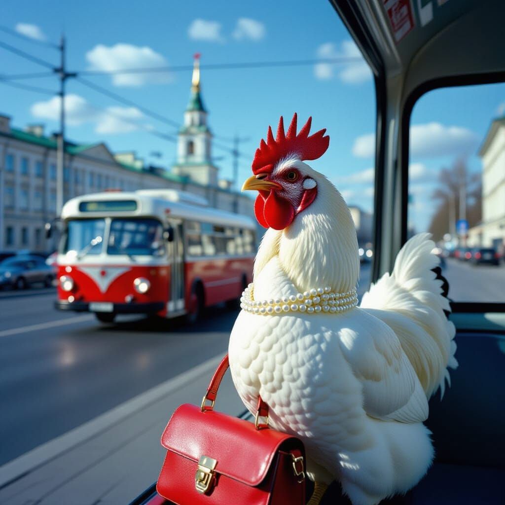 Hen with Pearls in a Cobalt Cityscape