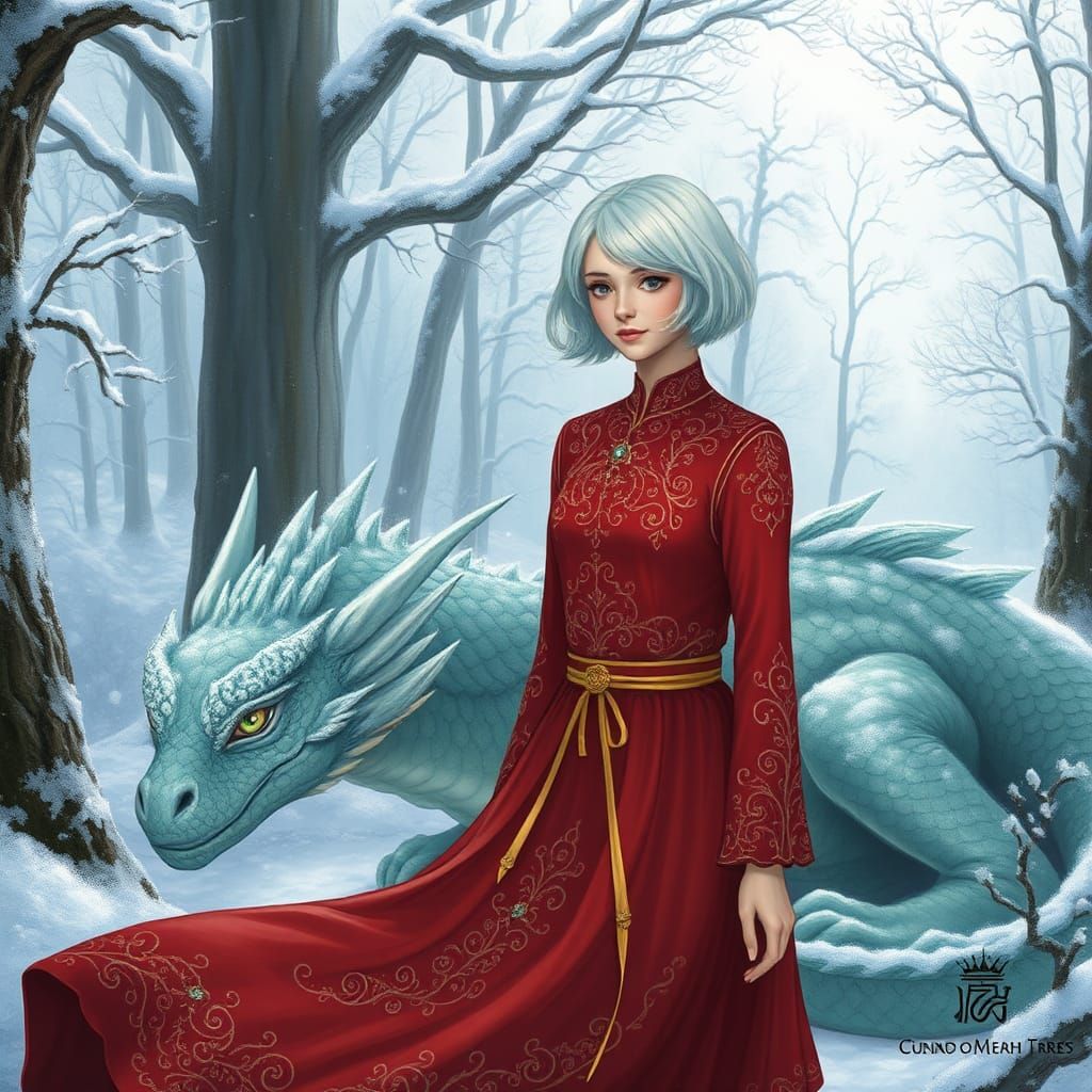 Woman and Dragon in Snowy Forest, Mystical Art